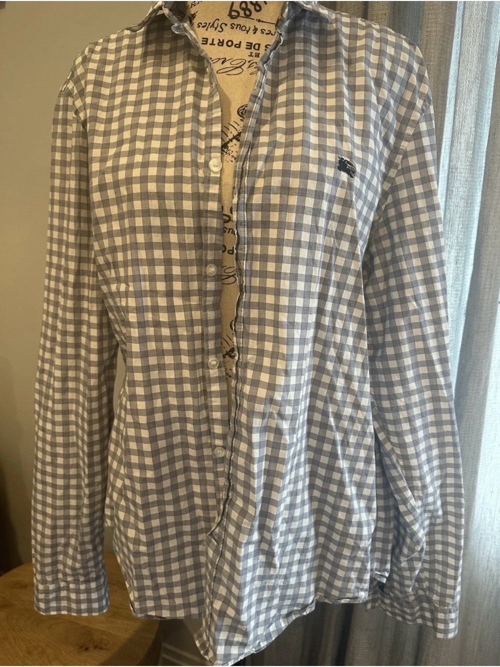 Burberry Gray and White Check Button-Down Shirt